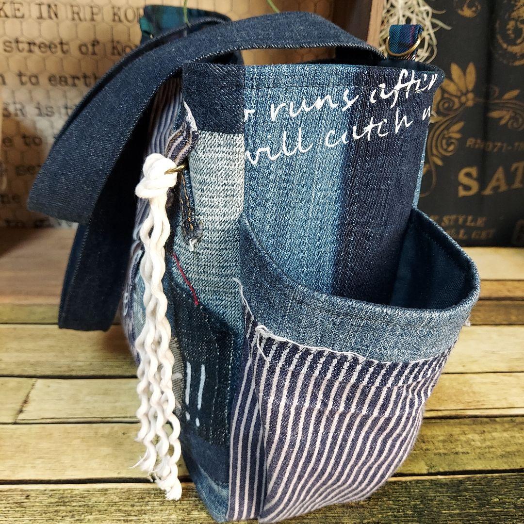 デニムバック　No.606　デニムリメイク　サイドポケット　デニムパッチワーク