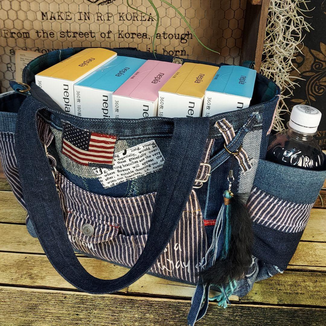デニムバック　No.606　デニムリメイク　サイドポケット　デニムパッチワーク