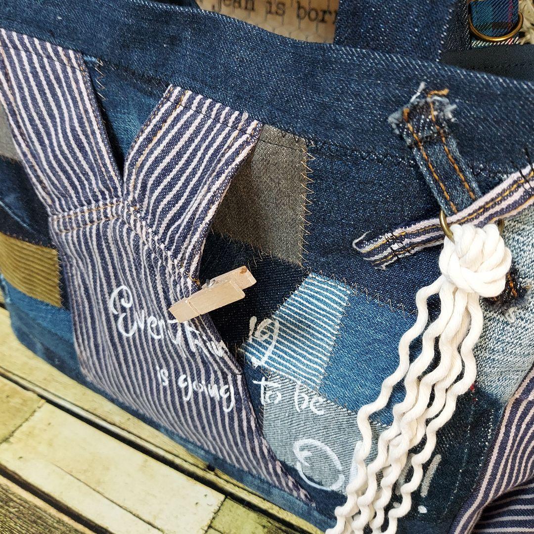 デニムバック　No.606　デニムリメイク　サイドポケット　デニムパッチワーク