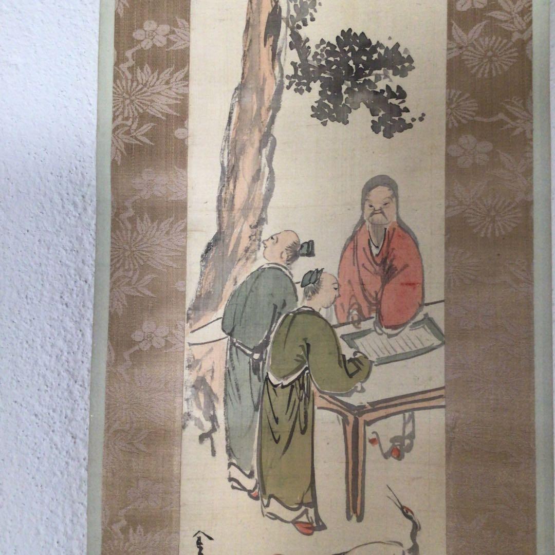 No3479 掛軸　森金石(琴石)  唐人鶴図　着色絹本　合箱　中国画　送料無料