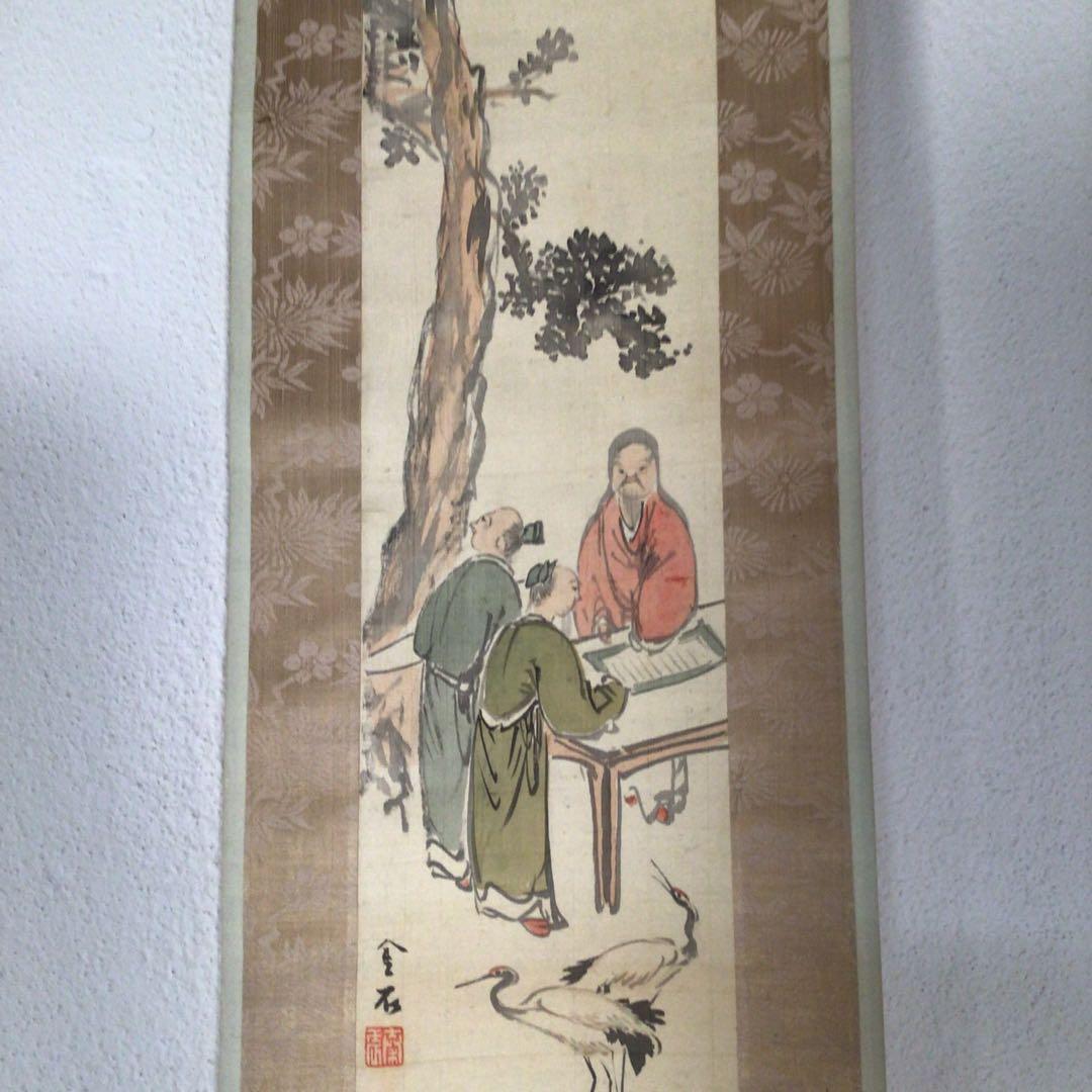 No3479 掛軸　森金石(琴石)  唐人鶴図　着色絹本　合箱　中国画　送料無料