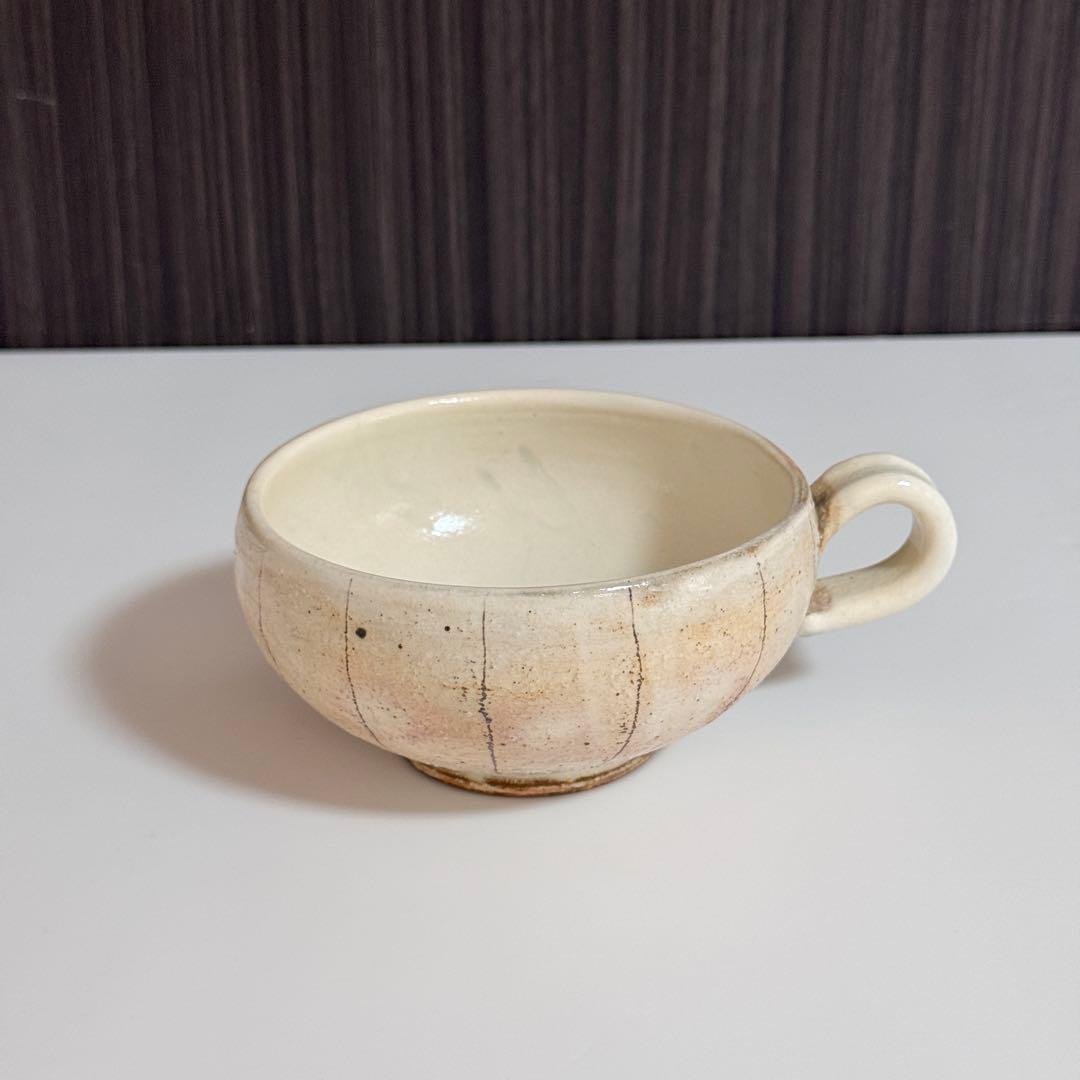 美品【古谷製陶所】たて鉄線 荒横彫 手付スープカップ　2個セット　古谷浩一さん