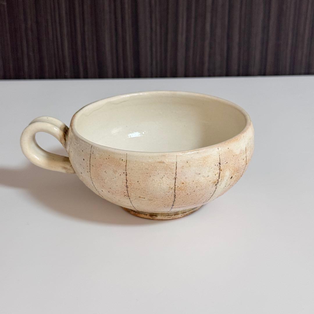 美品【古谷製陶所】たて鉄線 荒横彫 手付スープカップ　2個セット　古谷浩一さん