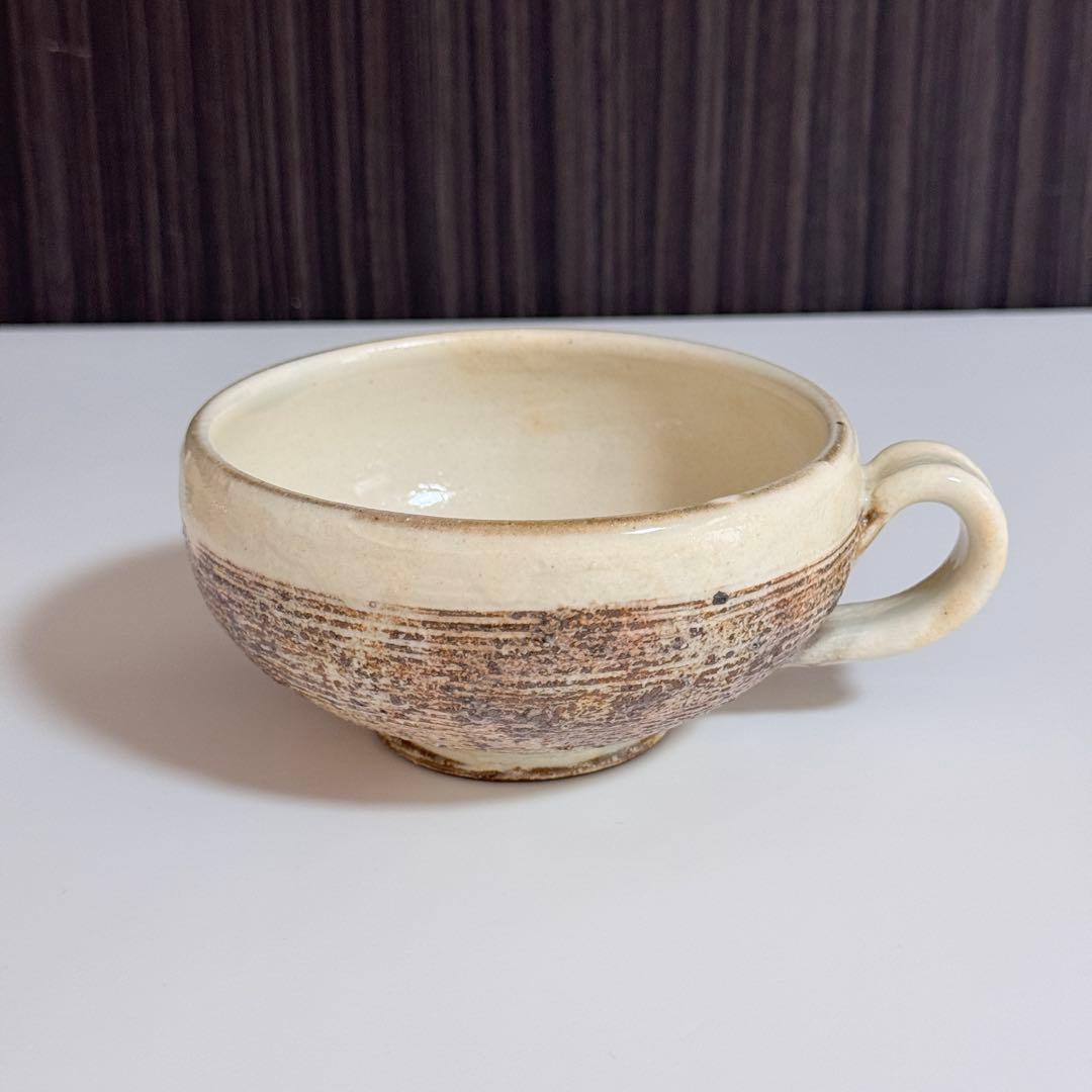 美品【古谷製陶所】たて鉄線 荒横彫 手付スープカップ　2個セット　古谷浩一さん