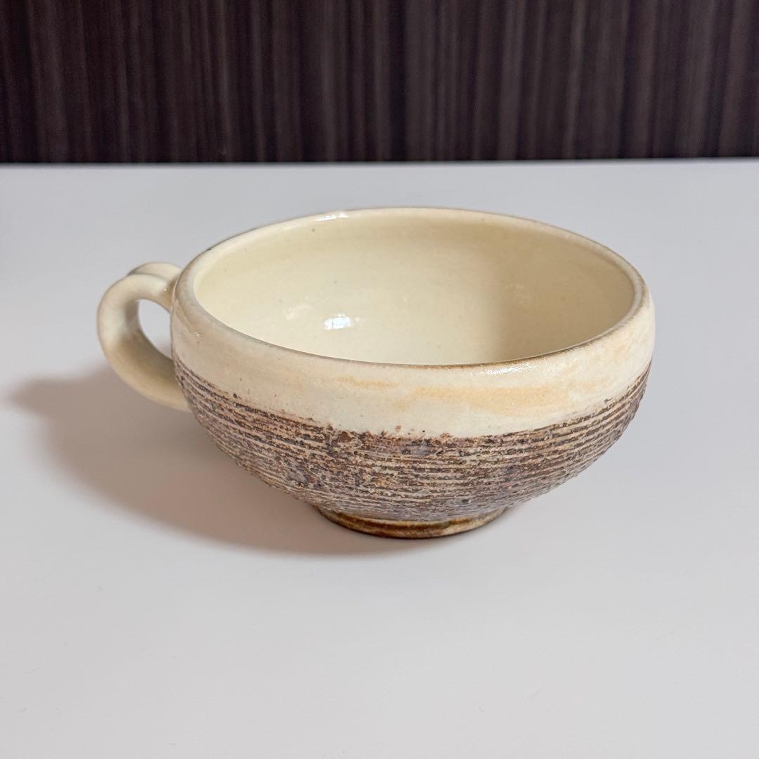 美品【古谷製陶所】たて鉄線 荒横彫 手付スープカップ　2個セット　古谷浩一さん
