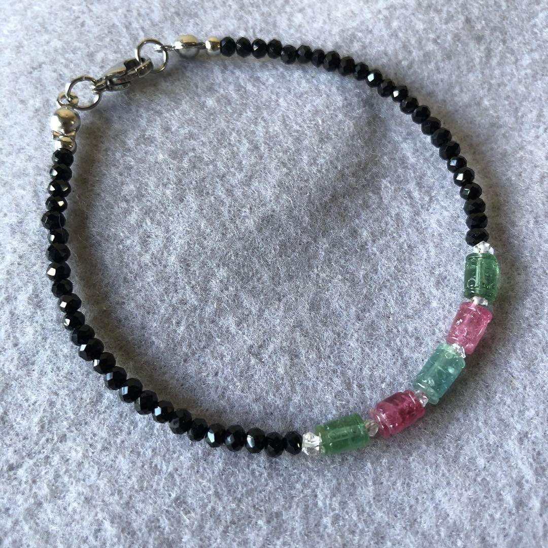 高品質 天然石 トルマリン&ブラックスピネル キラキラ ブレスレット