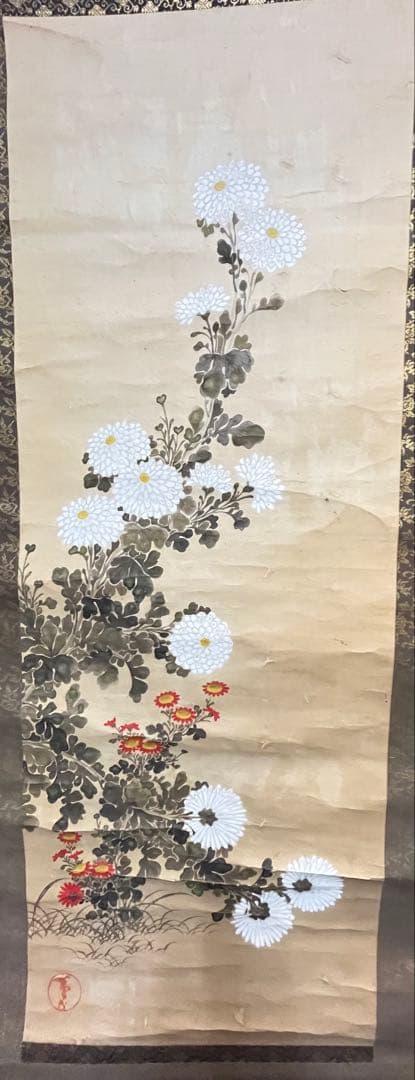 白い菊の掛軸 和紙 金色装飾