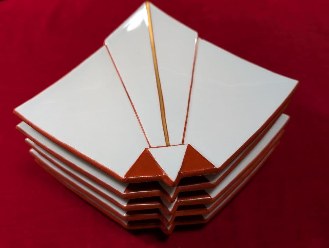 京焼　清水焼　盛皿　向付　 懐石 　脚付　折鶴　共箱入 禎山窯　川尻一寛