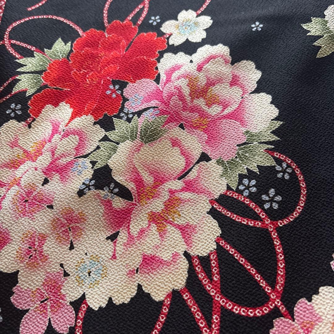 96 ジャパンスタイル 黒ちりめん×牡丹　7歳 七五三着物セット　和装小物　袋帯