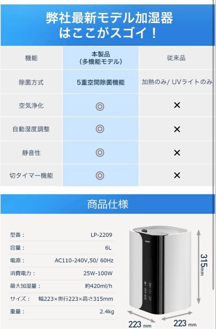 最新式 加湿器 大容量 6L 超音波式 5重除菌 加熱式 ハイブリッド式加湿器