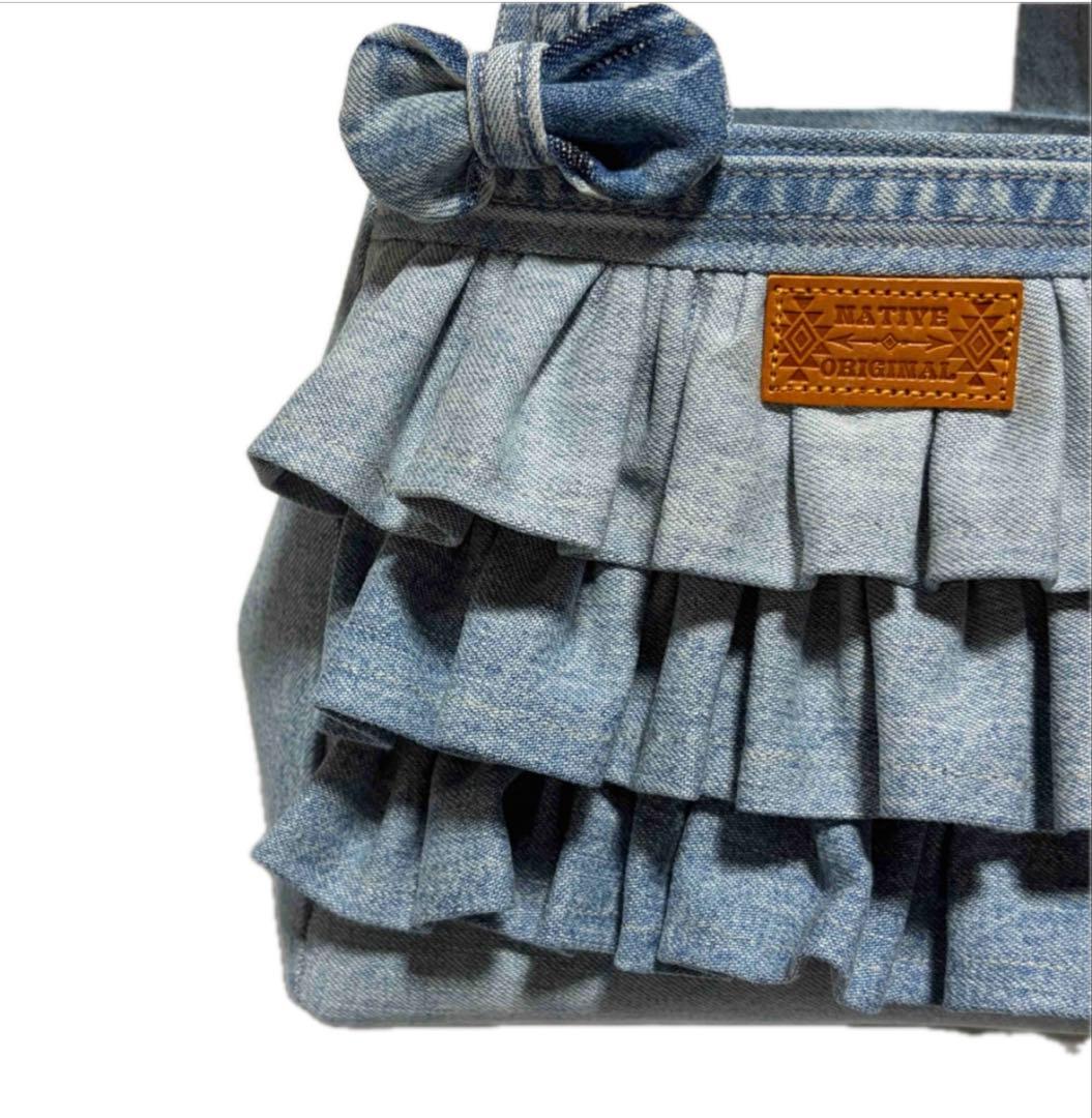 フリル　デニムハンドメイド　デニムバッグ　トートバッグ　春トート　デニムリメイク