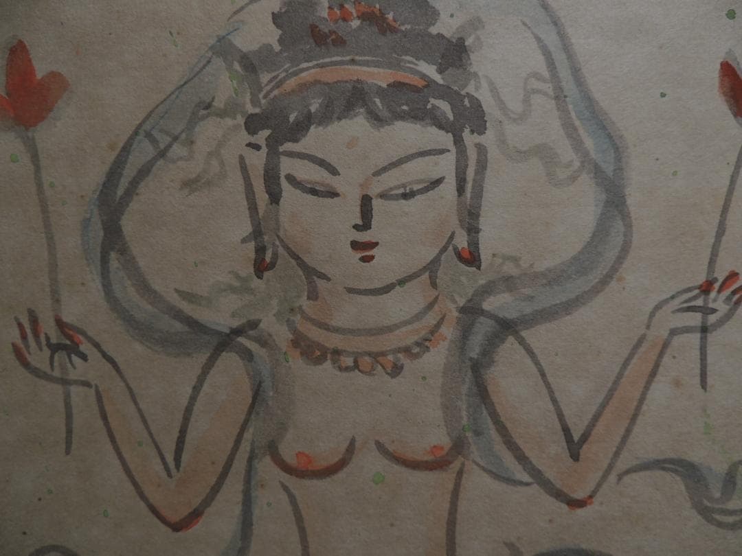 色紙、額装「天女？観音？図」中村青田、日展審査員＞仏教、仏像、肉筆
