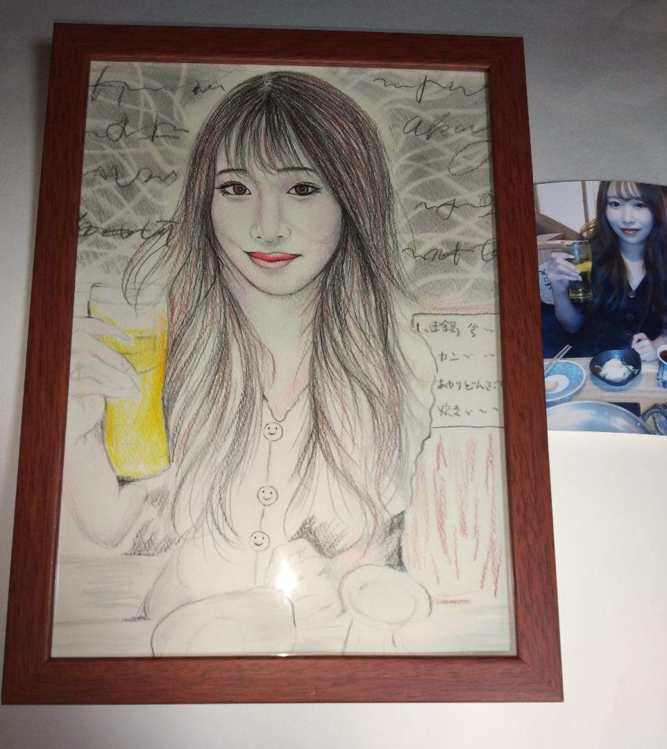 絵画、美人画、人物画A4サイズ、注文画、色鉛筆、水彩絵具、新品額縁。プレゼント用