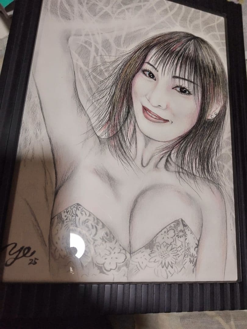 絵画、美人画、人物画A4サイズ、注文画、色鉛筆、水彩絵具、新品額縁。プレゼント用