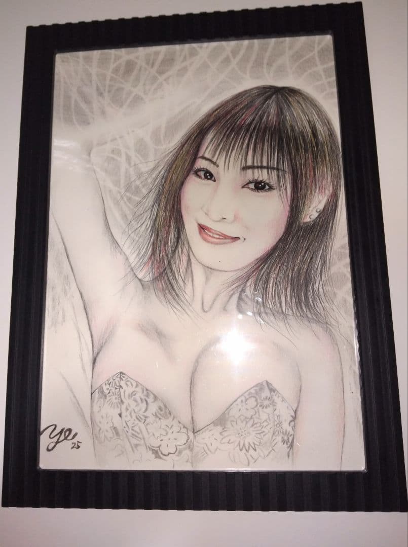 絵画、美人画、人物画A4サイズ、注文画、色鉛筆、水彩絵具、新品額縁。プレゼント用