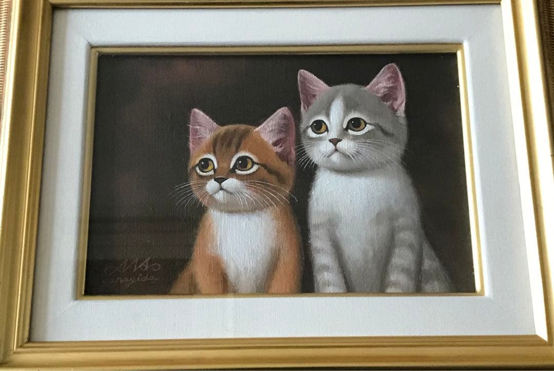 柳田正和「なかよし」油彩 SM 額装 子猫 油絵 油画 C