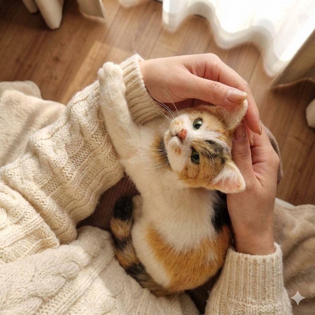 ●ねこのおたより●羊毛フェルト　猫　三毛猫　のびのび　ハンドメイド