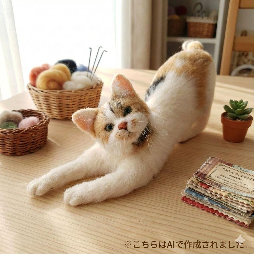 ●ねこのおたより●羊毛フェルト　猫　三毛猫　のびのび　ハンドメイド