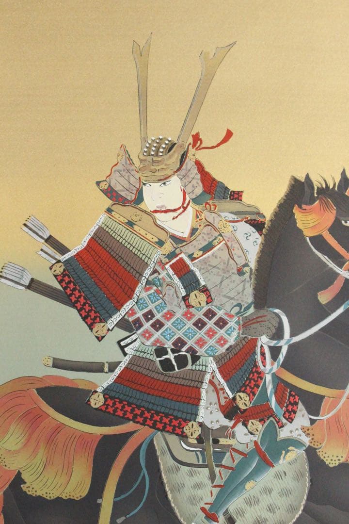 No5946 掛軸　山田邦人　「武者」　絹本着色　共箱　人物　日本画　送料無料
