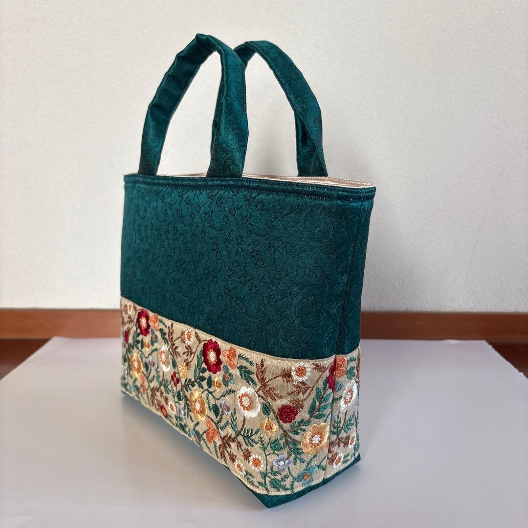 着物リメイク　ハンドメイド　アンティーク帯とインド刺繍リボンのトートバッグ
