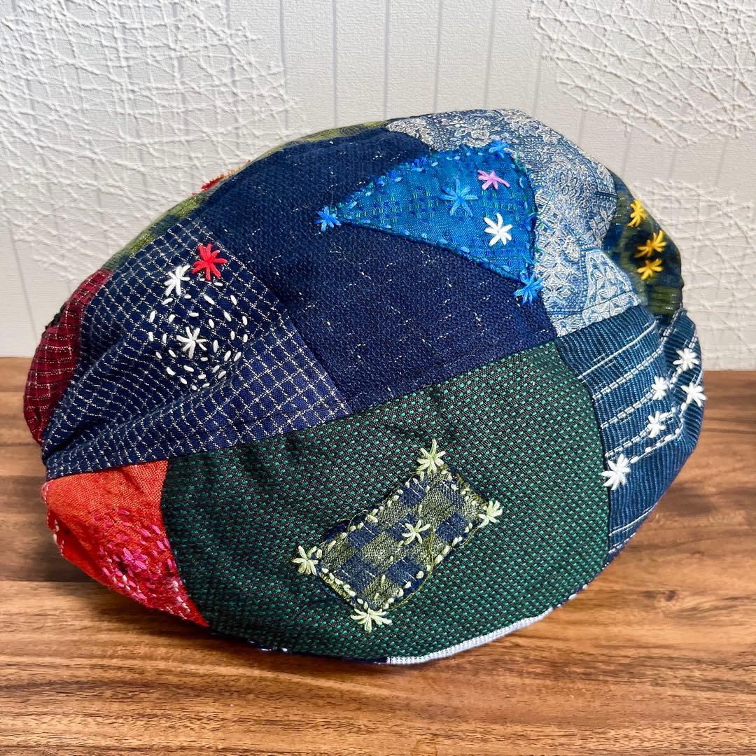 【ハンドメイド】特大サイズ！！刺し子とパッチワークのまんまるポーチ　和柄