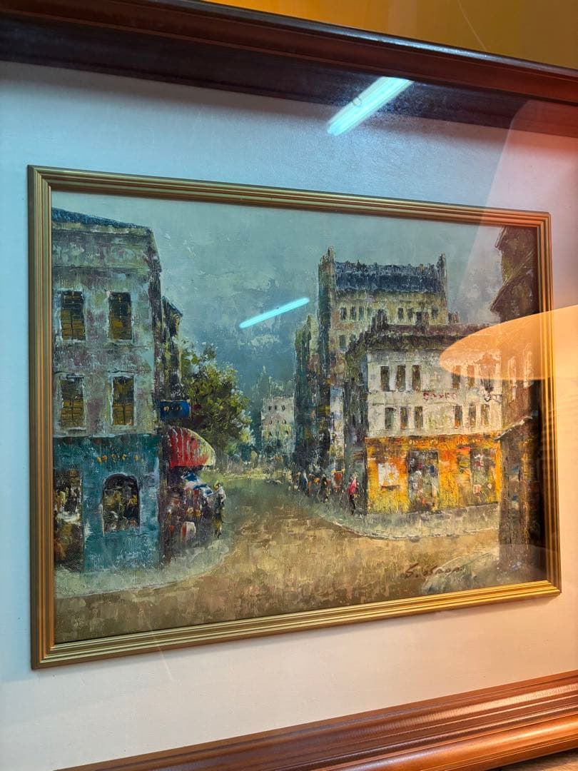 街の風景 油彩画 木製フレーム付き　長田 新