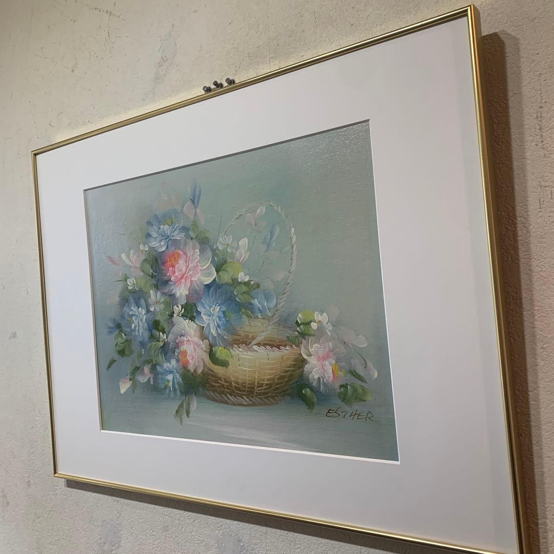 絵画　油彩肉筆画　真作　ESTHER『フラワーバスケット』