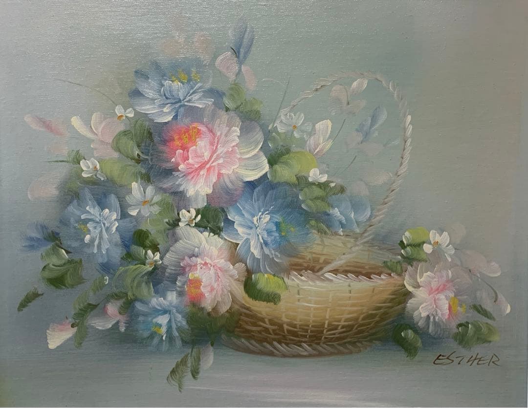 絵画　油彩肉筆画　真作　ESTHER『フラワーバスケット』