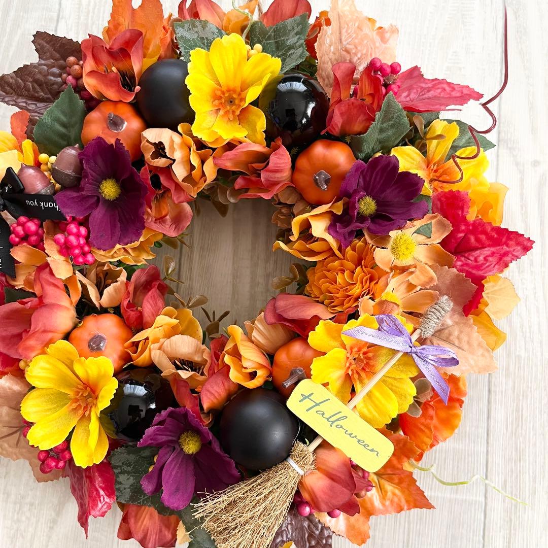 ハロウィン リース 秋リース 紅葉 カエデ 大人ハロウィン オレンジ 茶色 赤