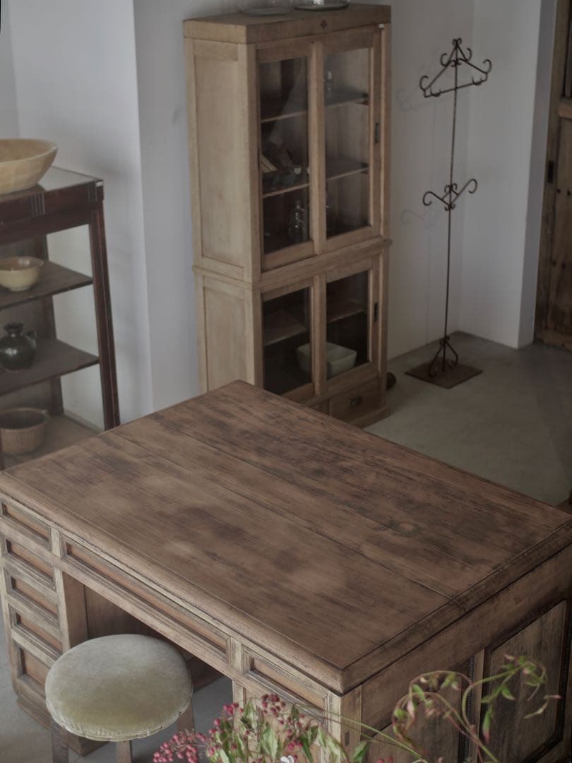 両袖机　カウンター　展示台　白木　机　古家具　古道具　アンティーク　昭和レトロ