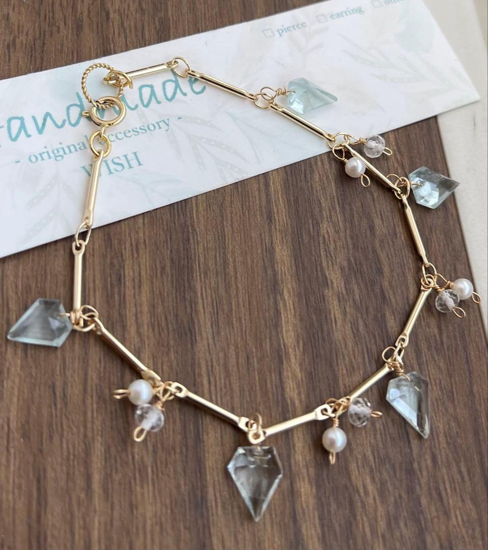 アクアマリン宝石室ステップファセットカットの14kgfブレスレット