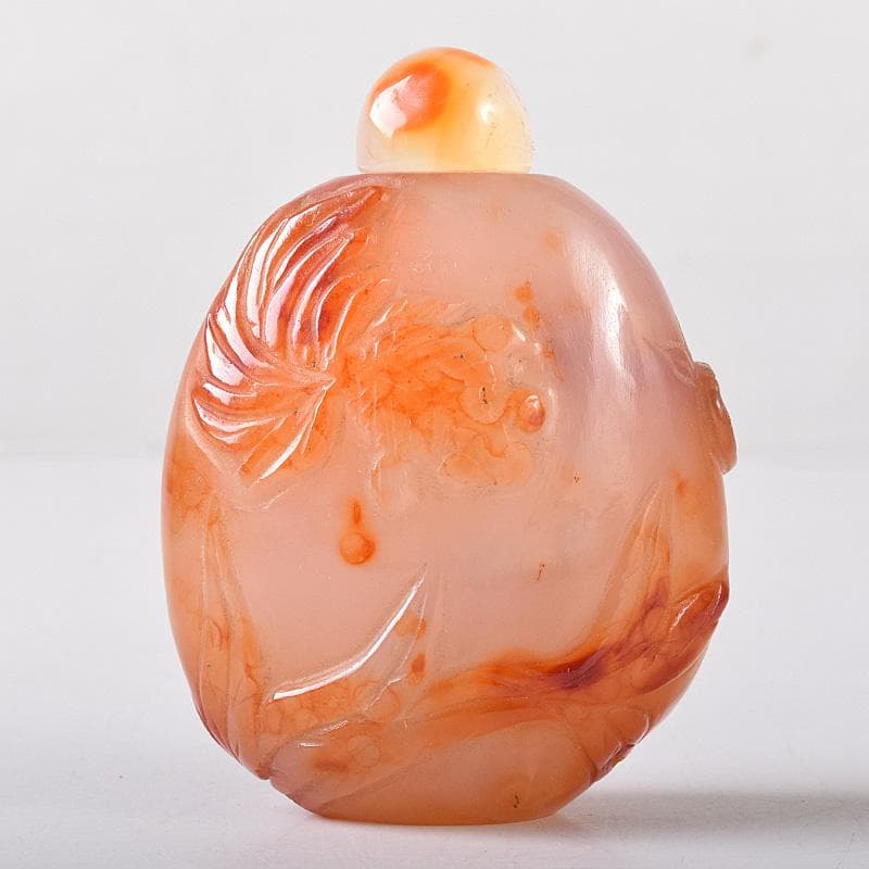 中国　玉石瑪瑙石彫刻　蓮葉金魚刻　鼻煙壷　小壷　時代箱付　M　R8754