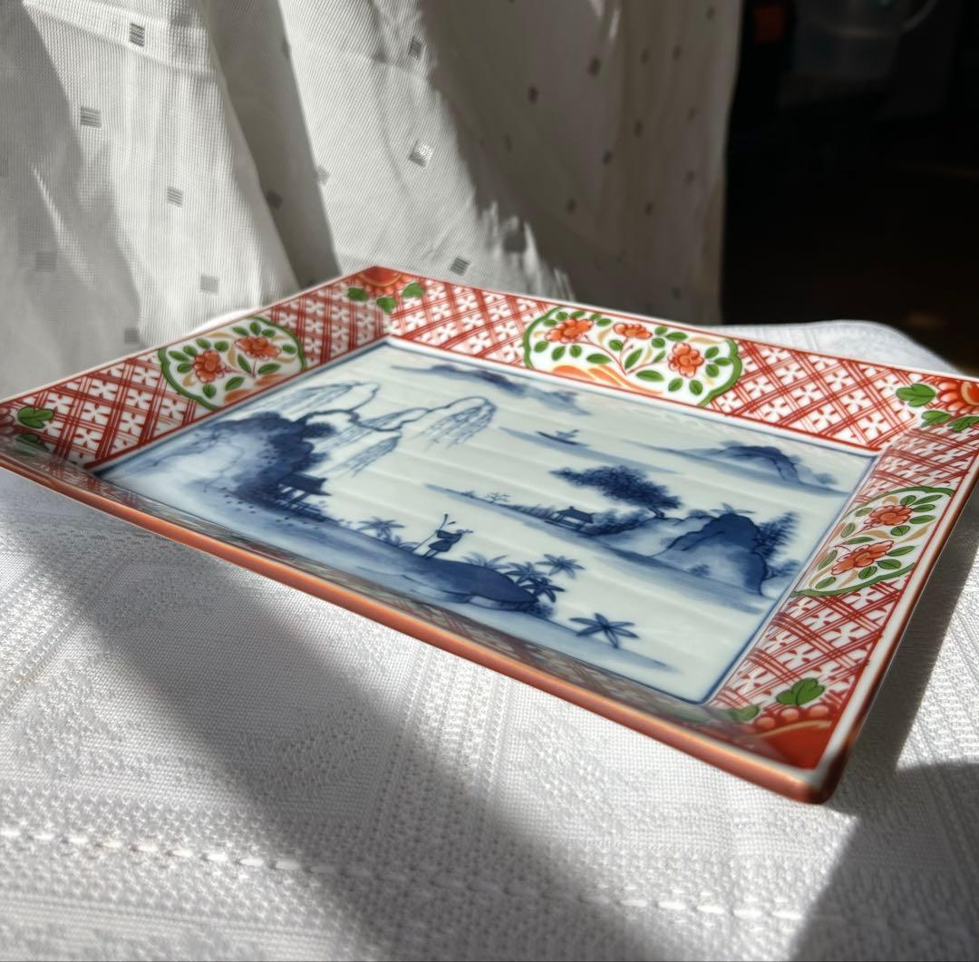 美品 前畑陶器 庫山窯 古伊万里 赤絵 染め付け山水画 長角皿 ビンテージ