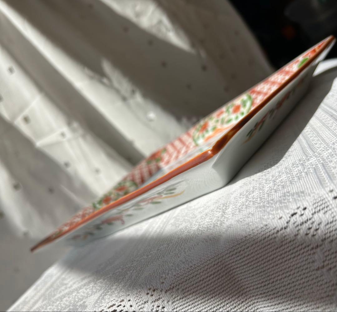美品 前畑陶器 庫山窯 古伊万里 赤絵 染め付け山水画 長角皿 ビンテージ