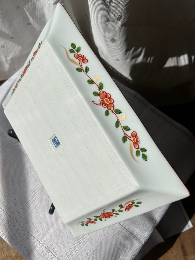 美品 前畑陶器 庫山窯 古伊万里 赤絵 染め付け山水画 長角皿 ビンテージ