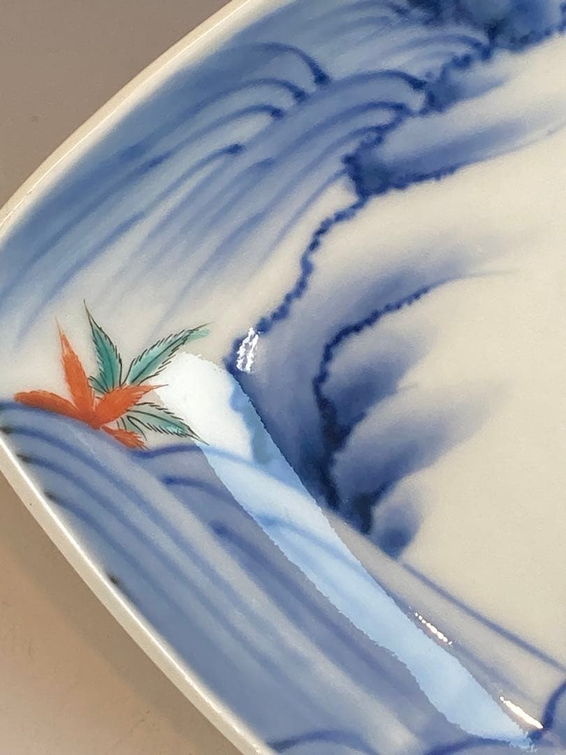 柿右衛門 染錦流水紅葉文菱形皿4客 角福在銘 古作