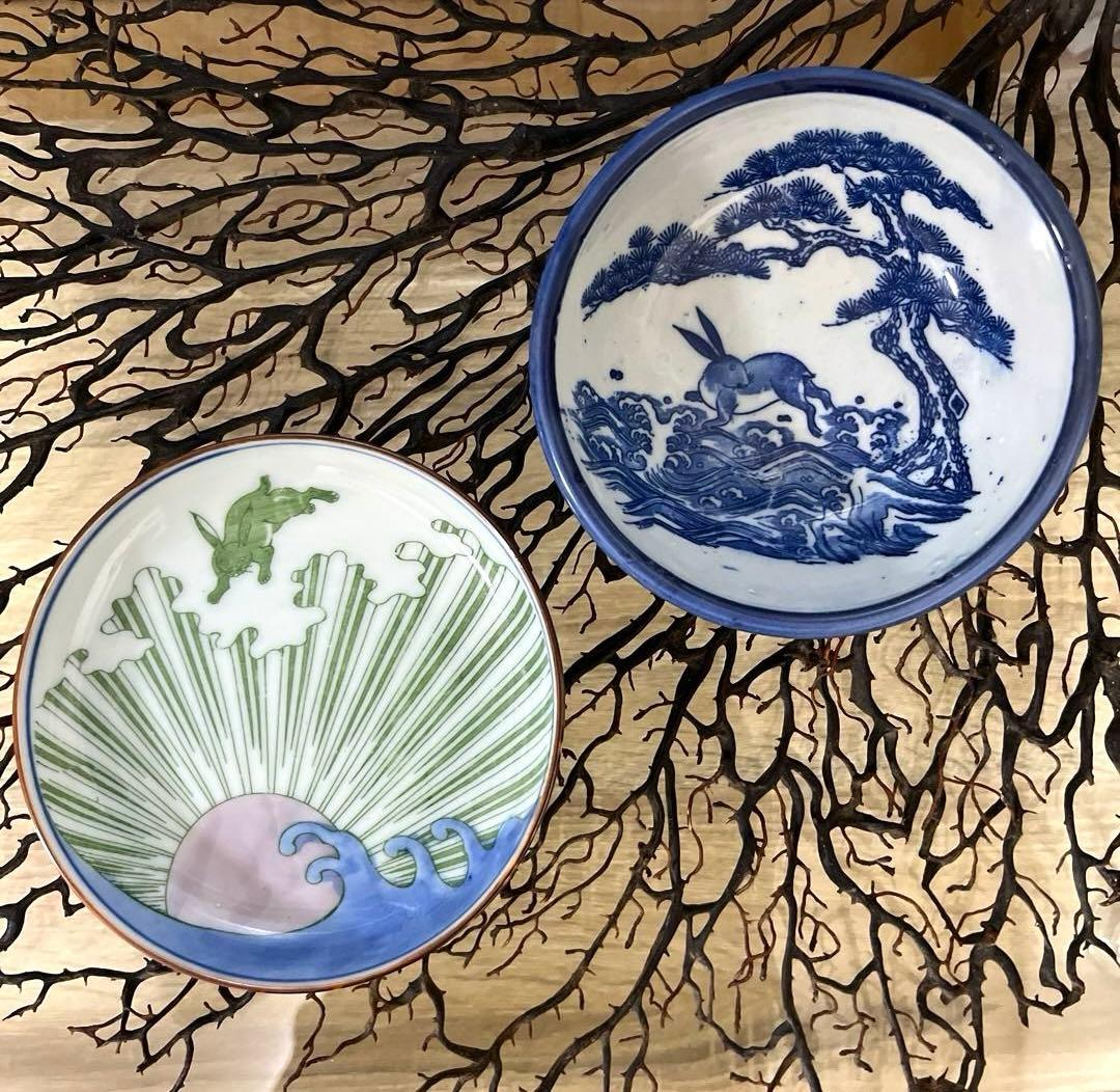 骨董　古伊万里　図変わり印判　動物　波乗り兎　老松　貝フチ　丸鉢　膾皿　１客