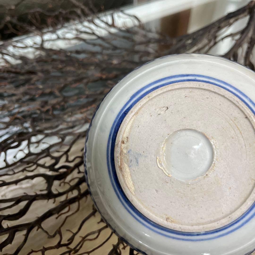 骨董　古伊万里　図変わり印判　動物　波乗り兎　老松　貝フチ　丸鉢　膾皿　１客