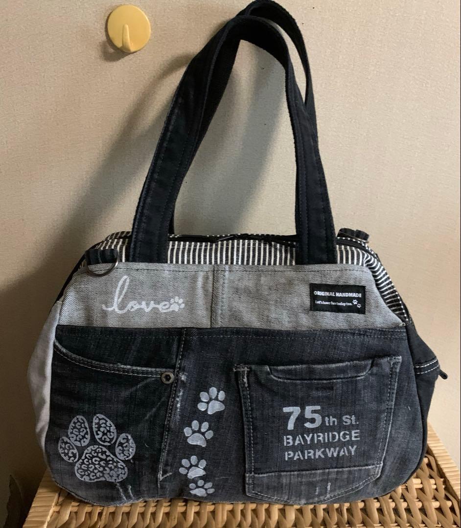 1904【たんじろう】ワイヤー口金ボストンバッグ(L)、デニムリメイク