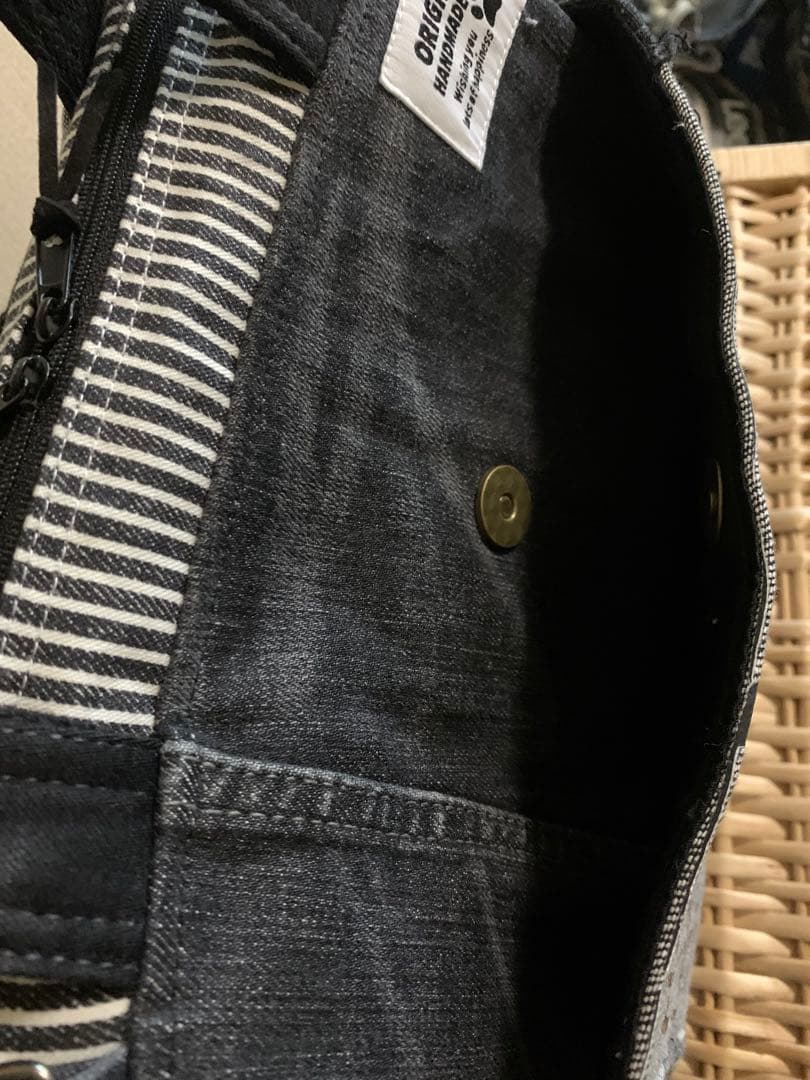 1904【たんじろう】ワイヤー口金ボストンバッグ(L)、デニムリメイク