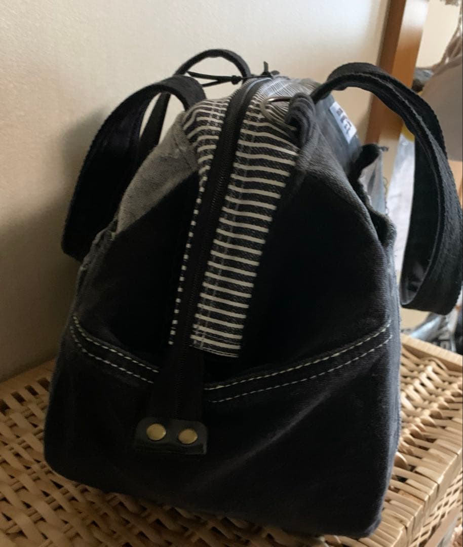 1904【たんじろう】ワイヤー口金ボストンバッグ(L)、デニムリメイク