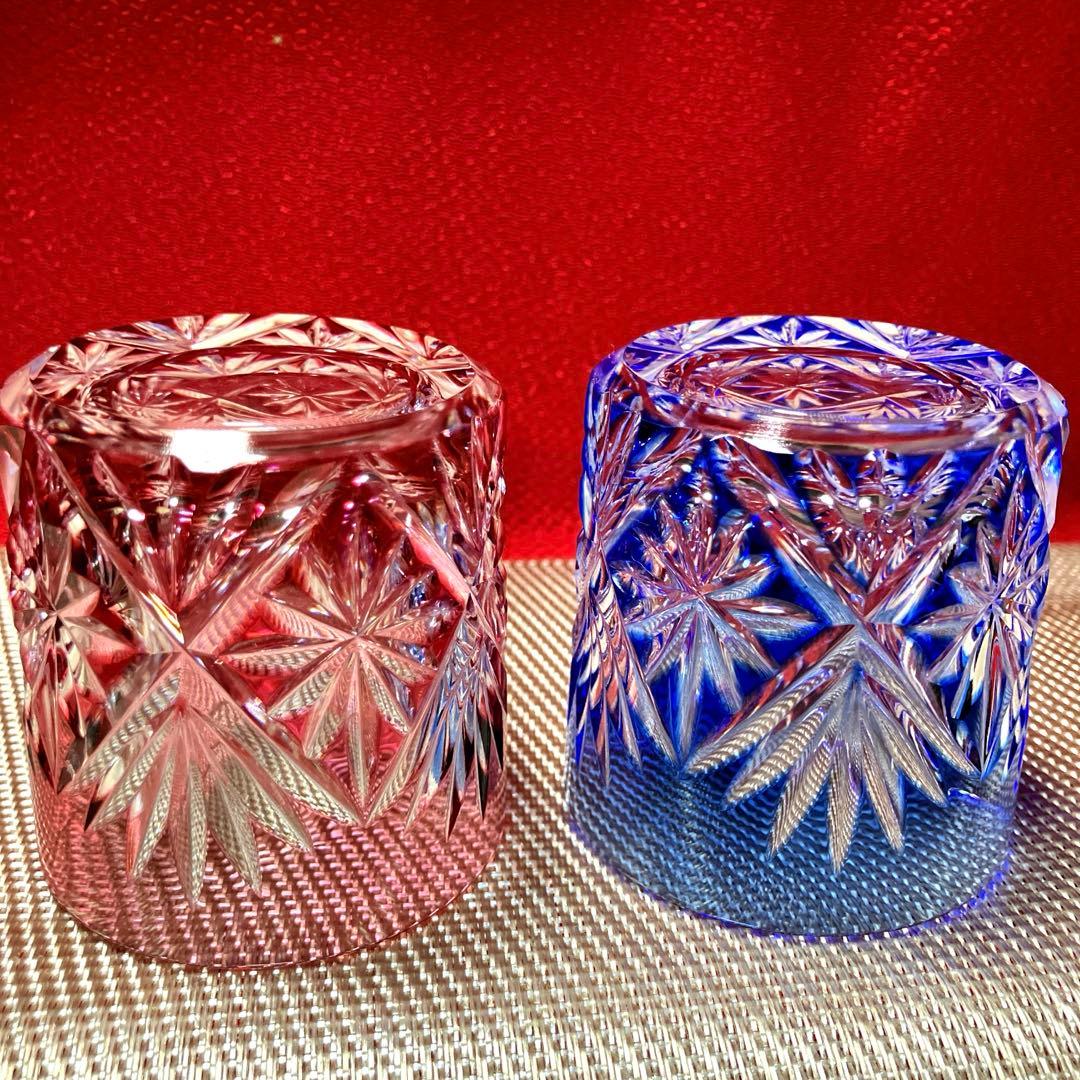 HOYA クリスタル 色被クリスタル 切子酒器グラス　ピンク＆ブルー　未使用