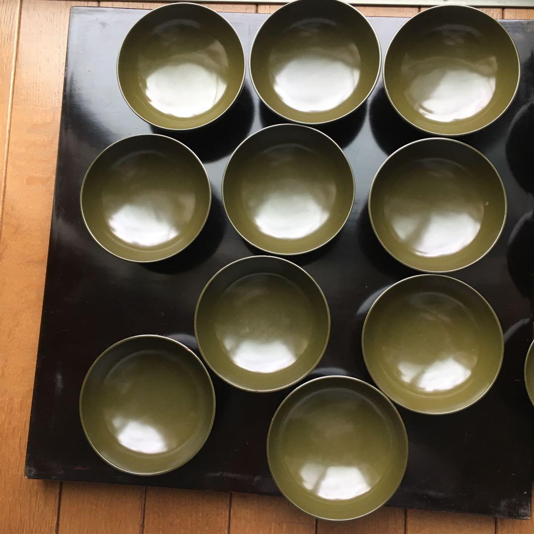 青漆　牡丹　蝶　蒔絵　蓋付碗　3客