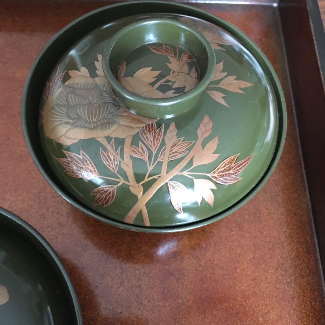 青漆　牡丹　蝶　蒔絵　蓋付碗　3客