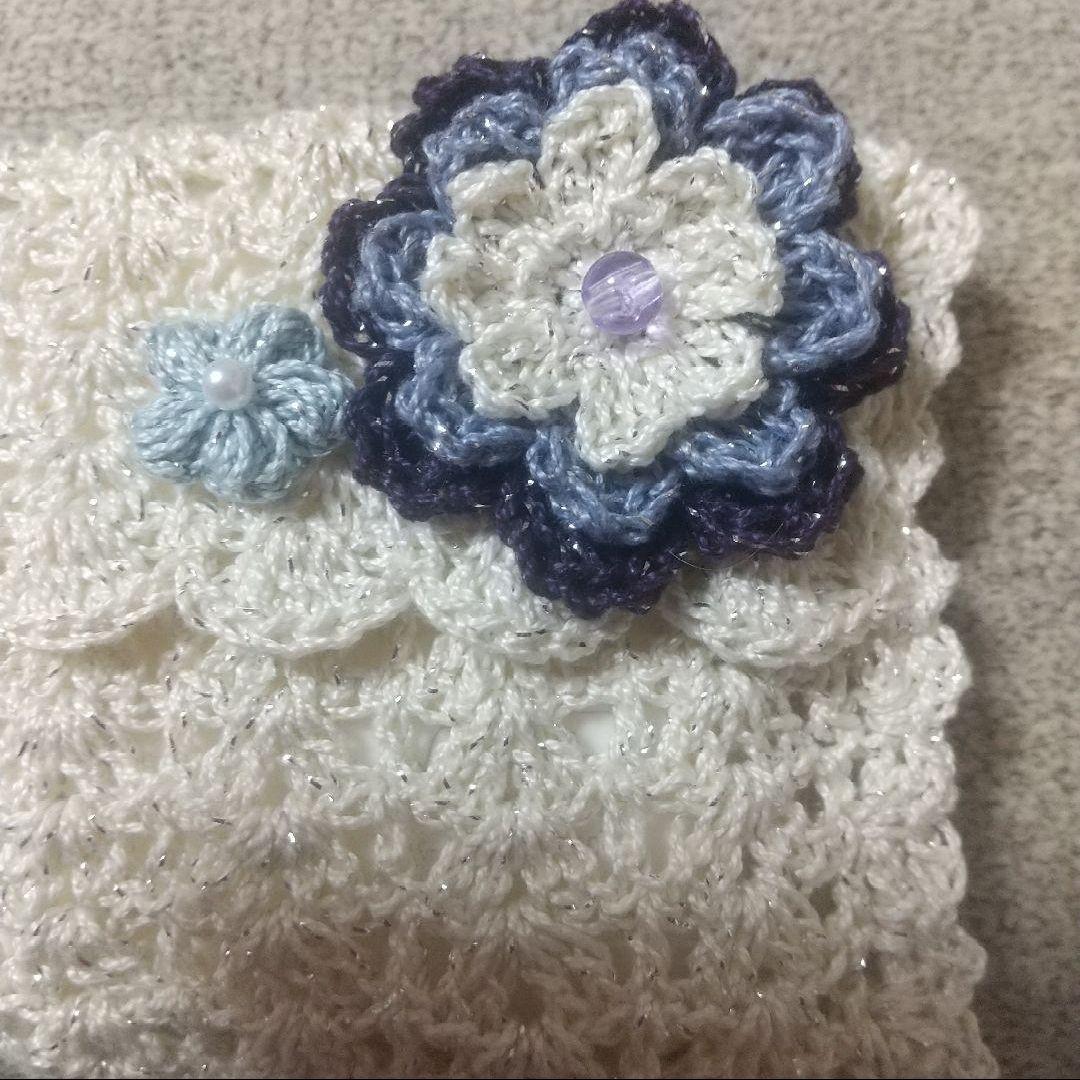 ピンク系＊レース糸 フラワーモチーフ付きポケットティッシュカバー