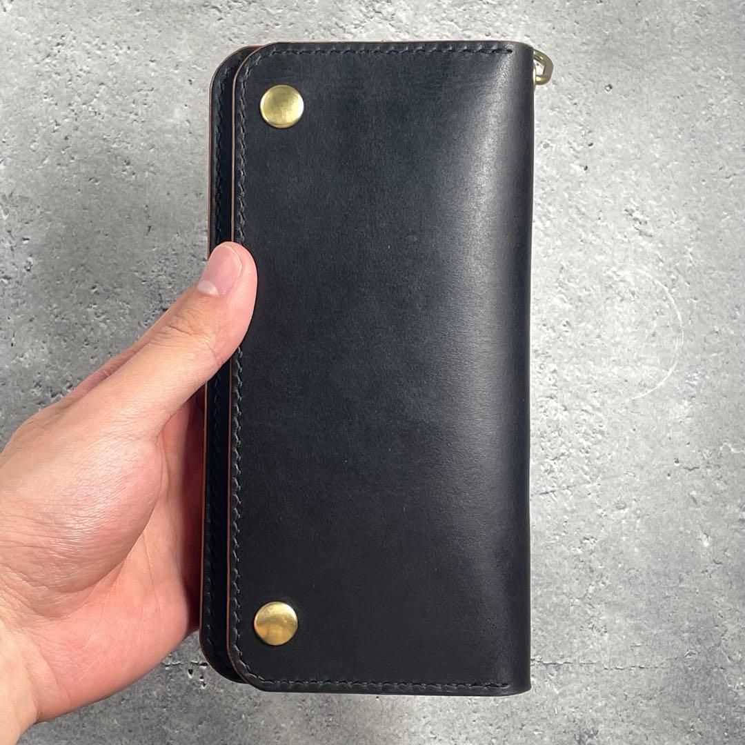 ロングトラッカーウォレット　茶芯ブラック　カードポケット増設　茶芯　真鍮　本革