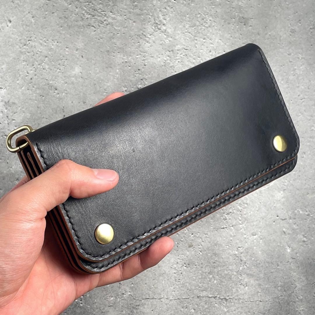 ロングトラッカーウォレット　茶芯ブラック　カードポケット増設　茶芯　真鍮　本革