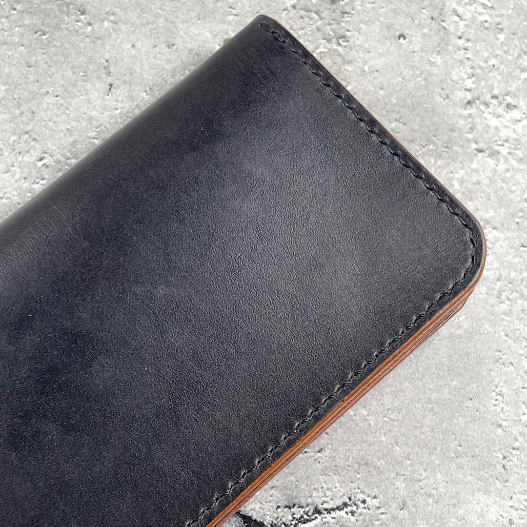 ロングトラッカーウォレット　茶芯ブラック　カードポケット増設　茶芯　真鍮　本革