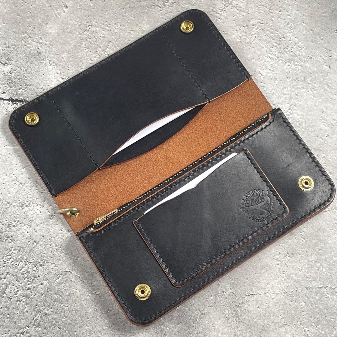 ロングトラッカーウォレット　茶芯ブラック　カードポケット増設　茶芯　真鍮　本革