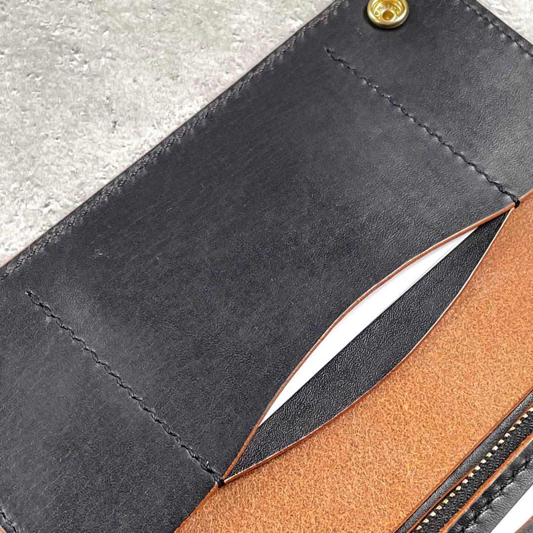 ロングトラッカーウォレット　茶芯ブラック　カードポケット増設　茶芯　真鍮　本革